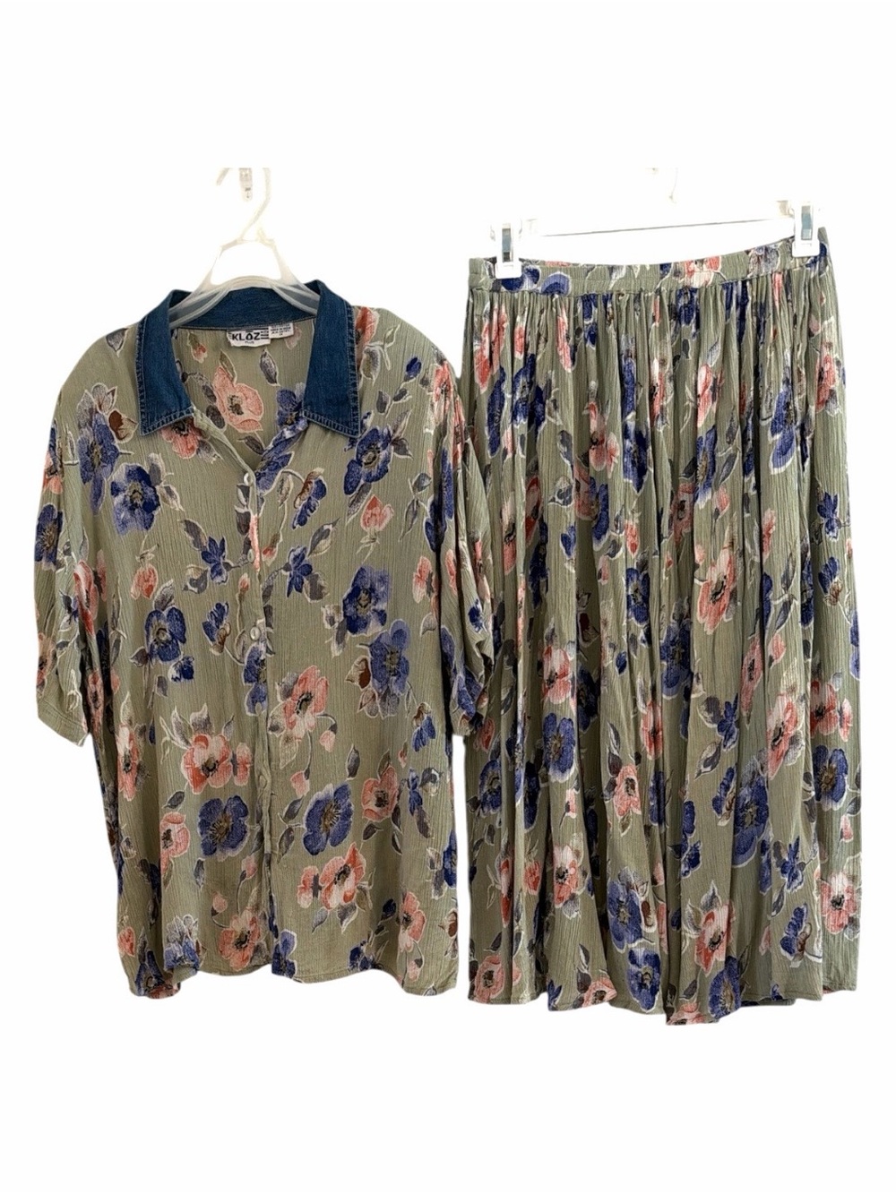 Vintage 90s Klozet Plus Floral Skirt Set Denim Collar 1X